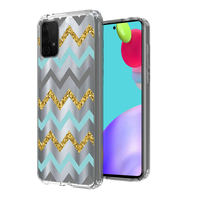 For Samsung Galaxy A52 5G Design Transparent Bumper Hybrid Case Cover - Teal Gold ZigZag