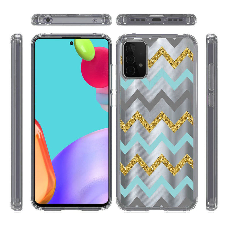 For Samsung Galaxy A52 5G Design Transparent Bumper Hybrid Case Cover - Teal Gold ZigZag