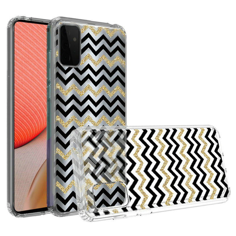 For Samsung Galaxy A72 5G Design Transparent Bumper Hybrid Case Cover - Black Gold ZigZag