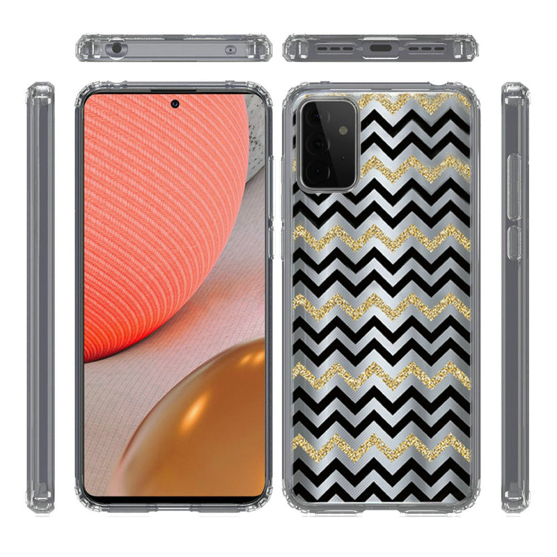 For Samsung Galaxy A72 5G Design Transparent Bumper Hybrid Case Cover - Black Gold ZigZag