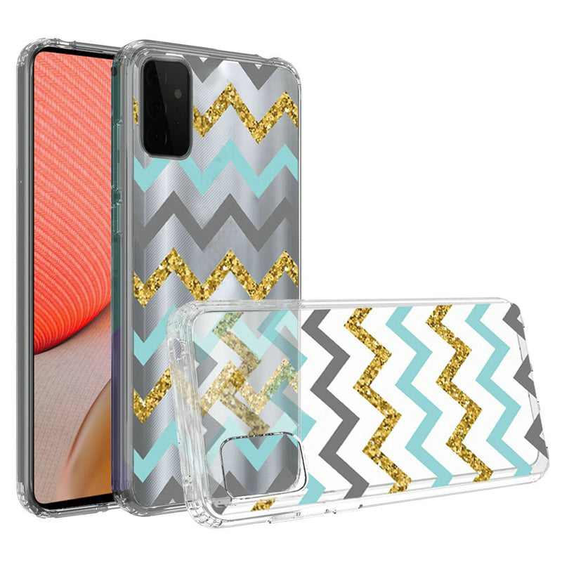 For Samsung Galaxy A72 5G Design Transparent Bumper Hybrid Case Cover - Teal Gold ZigZag