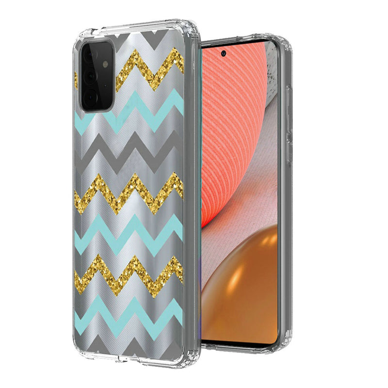 For Samsung Galaxy A72 5G Design Transparent Bumper Hybrid Case Cover - Teal Gold ZigZag