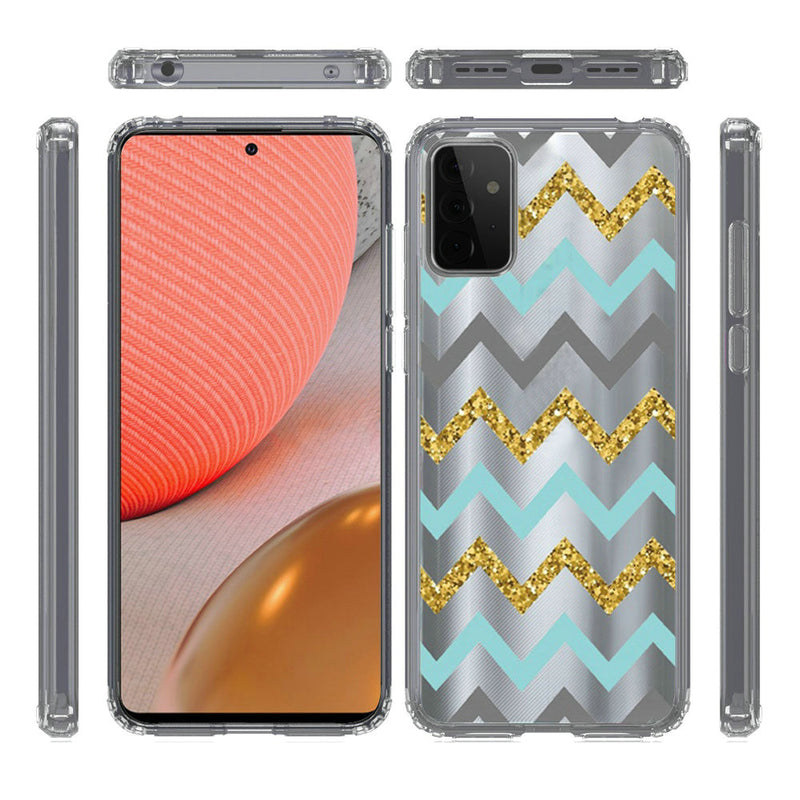 For Samsung Galaxy A72 5G Design Transparent Bumper Hybrid Case Cover - Teal Gold ZigZag