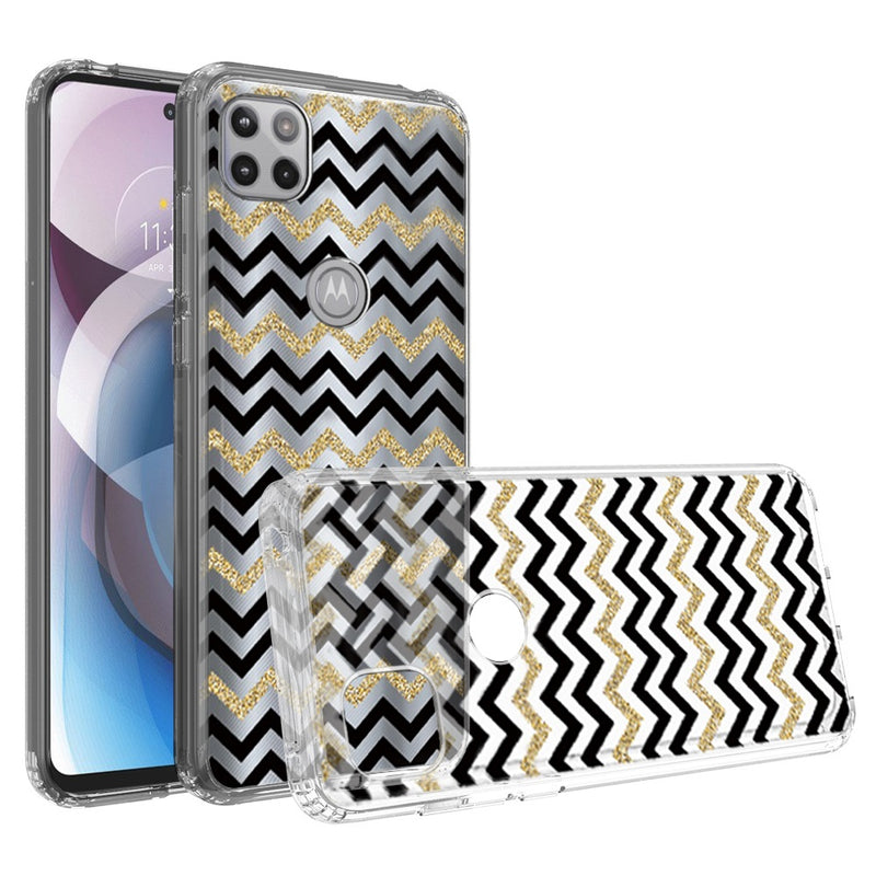 For Motorola Moto One 5G Ace Design Transparent Bumper Hybrid Case Cover - Black Gold ZigZag