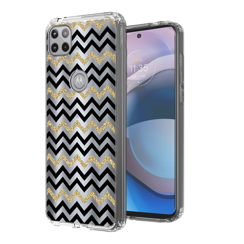 For Motorola Moto One 5G Ace Design Transparent Bumper Hybrid Case Cover - Black Gold ZigZag