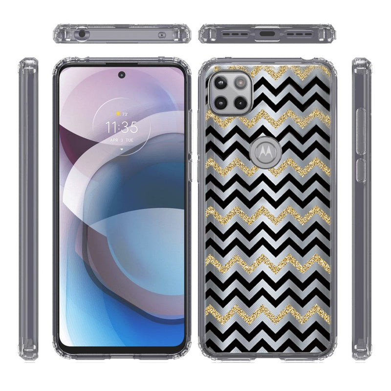 For Motorola Moto One 5G Ace Design Transparent Bumper Hybrid Case Cover - Black Gold ZigZag