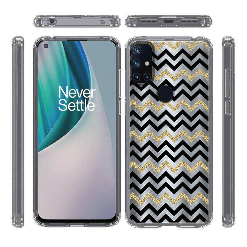 For OnePlus Nord N10 5G Design Transparent Bumper Hybrid Case Cover - Black Gold ZigZag