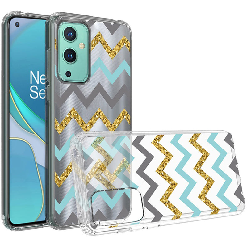 For OnePlus 9 UW Design Transparent Bumper Hybrid Case Cover - Teal Gold ZigZag