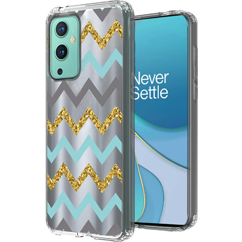 For OnePlus 9 UW Design Transparent Bumper Hybrid Case Cover - Teal Gold ZigZag