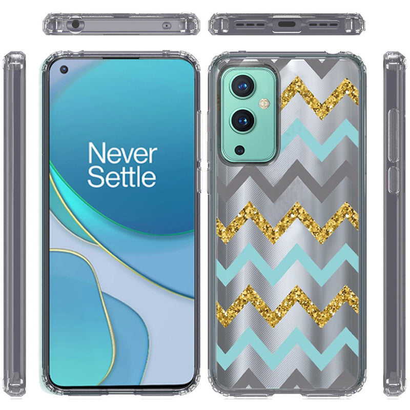 For OnePlus 9 UW Design Transparent Bumper Hybrid Case Cover - Teal Gold ZigZag