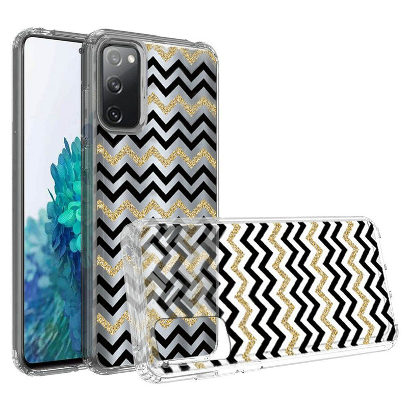 For Samsung Galaxy S20 FE 5G Design Transparent Bumper Hybrid Case Cover - Black Gold ZigZag