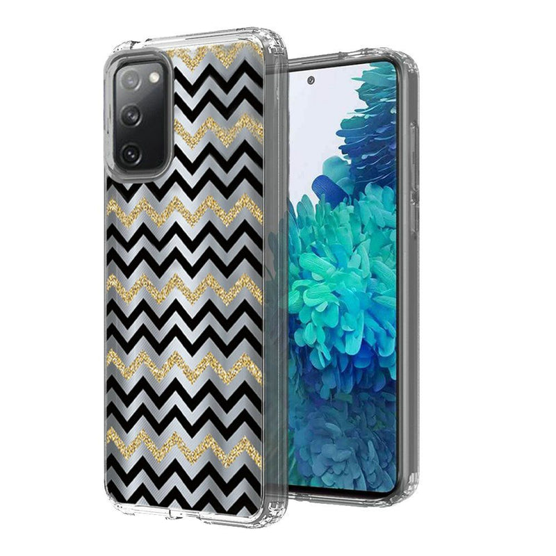 For Samsung Galaxy S20 FE 5G Design Transparent Bumper Hybrid Case Cover - Black Gold ZigZag