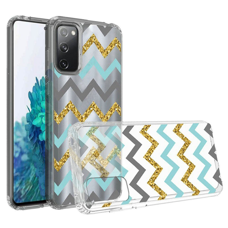 For Samsung Galaxy S20 FE 5G Design Transparent Bumper Hybrid Case Cover - Teal Gold ZigZag