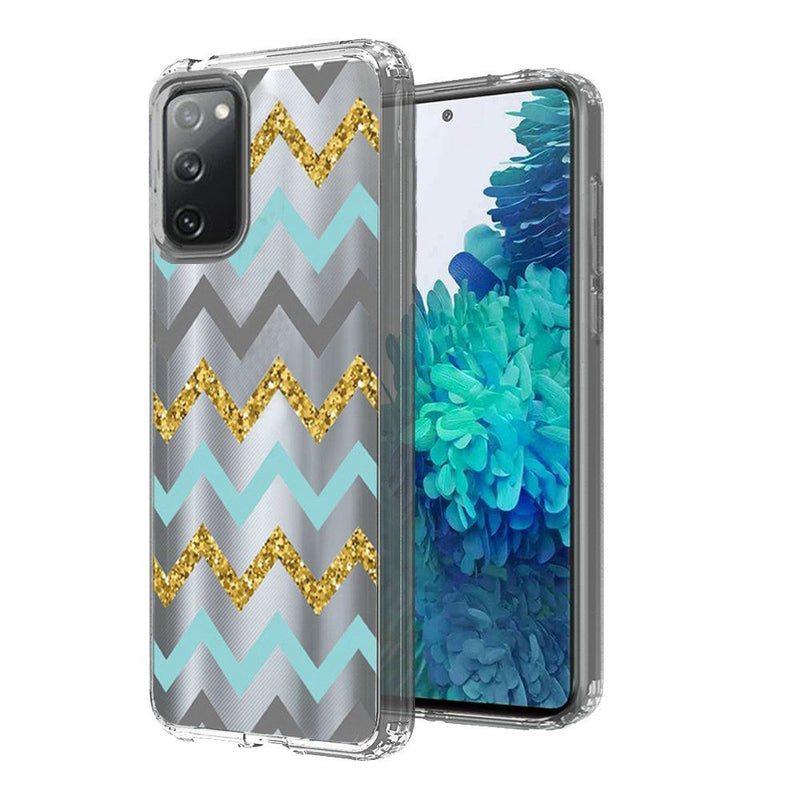 For Samsung Galaxy S20 FE 5G Design Transparent Bumper Hybrid Case Cover - Teal Gold ZigZag