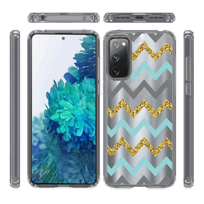 For Samsung Galaxy S20 FE 5G Design Transparent Bumper Hybrid Case Cover - Teal Gold ZigZag