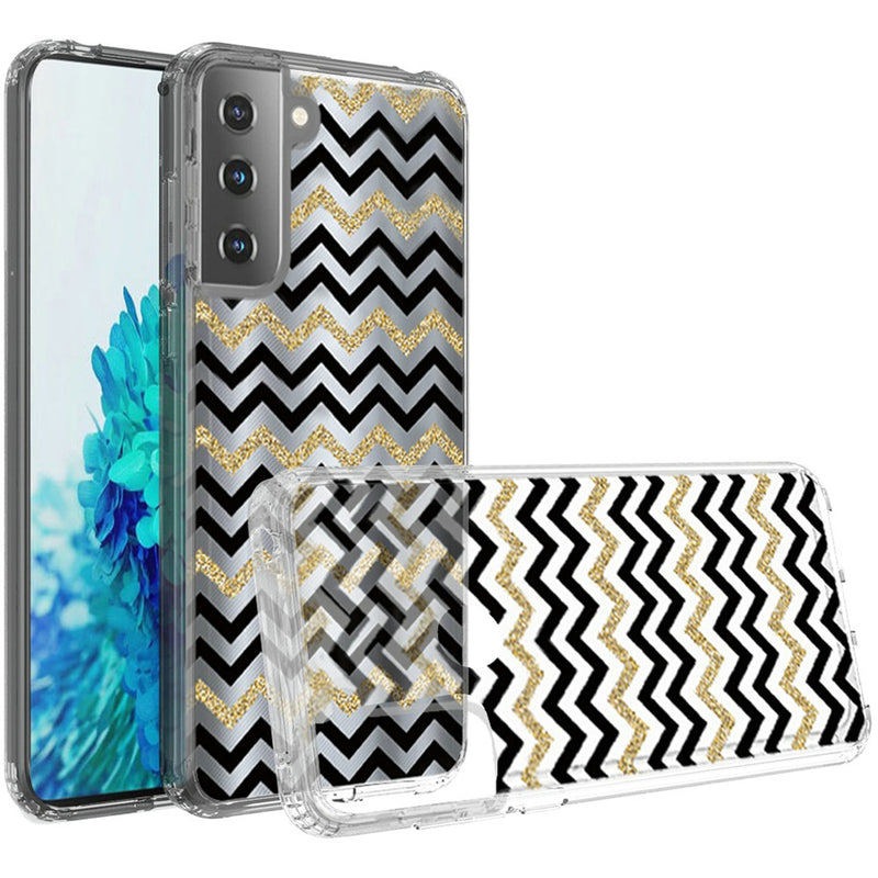 For Samsung Galaxy s21, s30 Design Transparent Bumper Hybrid Case Cover - Black Gold ZigZag