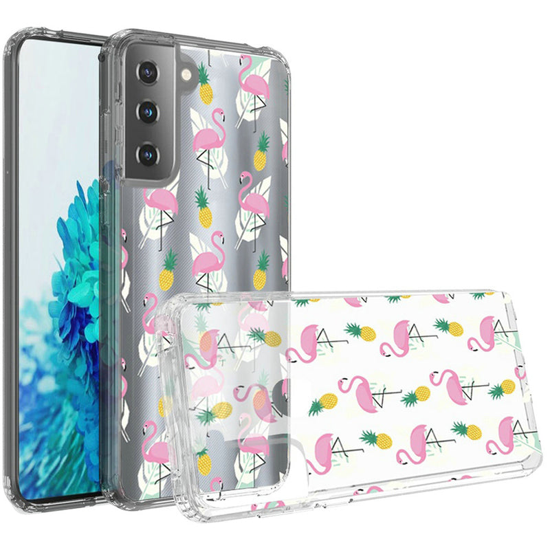 For Samsung Galaxy s21, s30 Design Transparent Bumper Hybrid Case Cover - Flamingo Pineapple Leaf