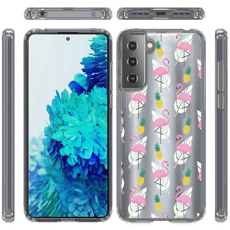 For Samsung Galaxy s21, s30 Design Transparent Bumper Hybrid Case Cover - Flamingo Pineapple Leaf