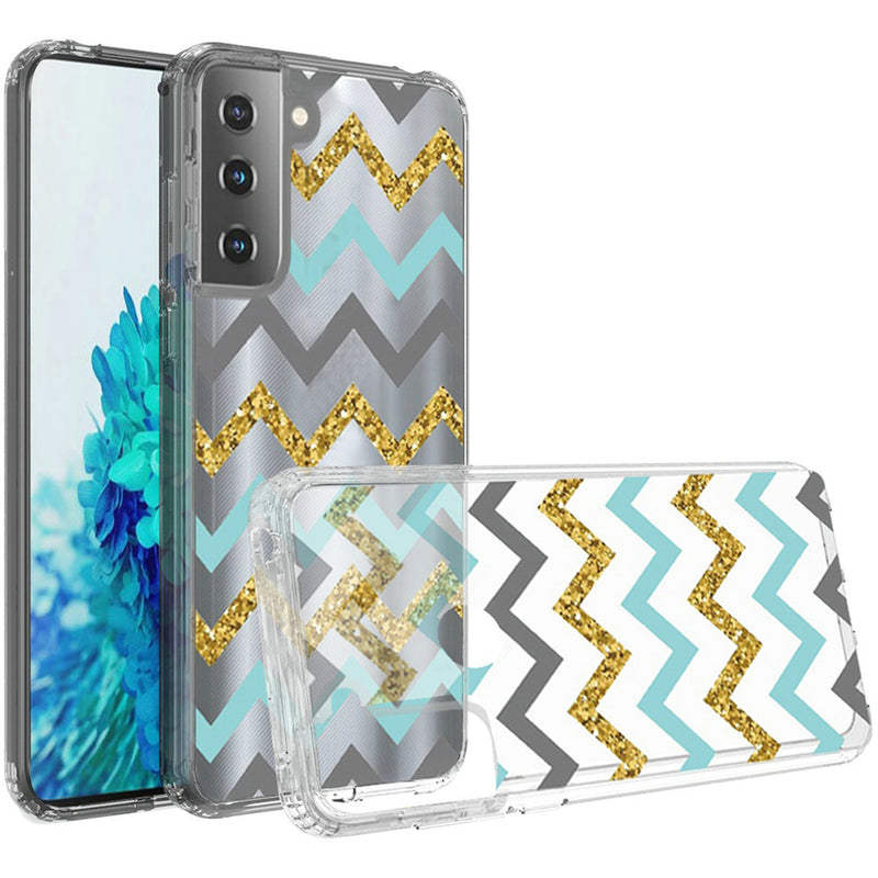 For Samsung Galaxy s21, s30 Design Transparent Bumper Hybrid Case Cover - Teal Gold ZigZag