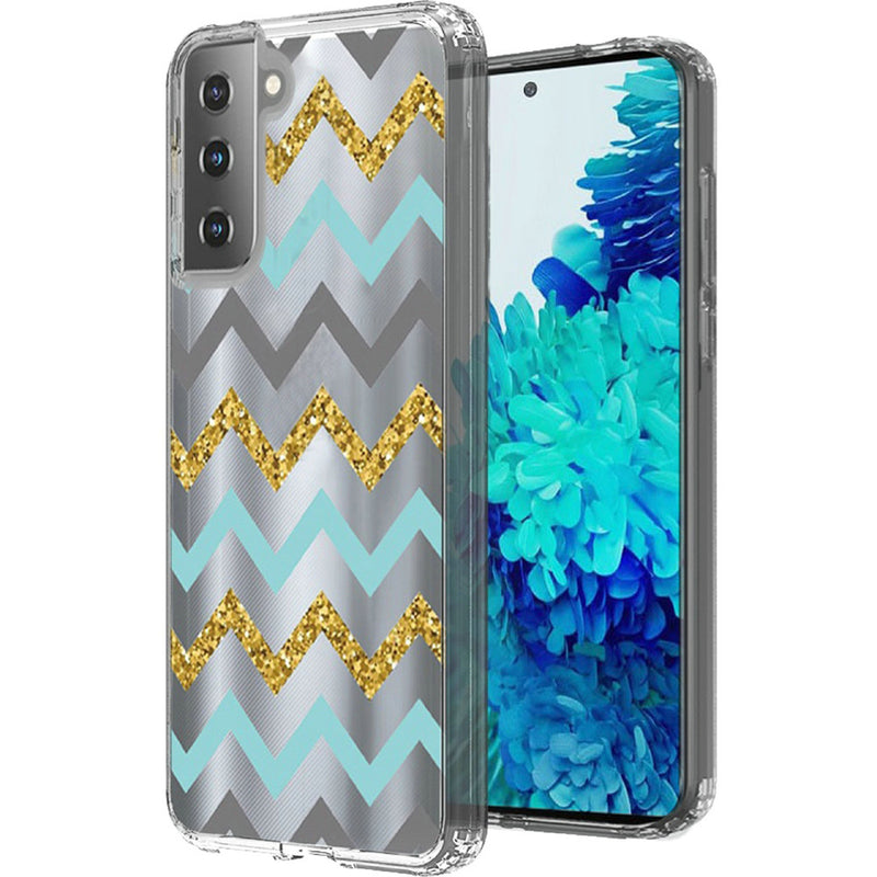 For Samsung Galaxy s21, s30 Design Transparent Bumper Hybrid Case Cover - Teal Gold ZigZag