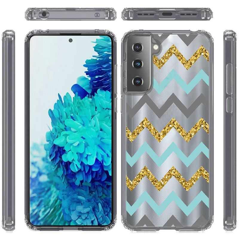 For Samsung Galaxy s21, s30 Design Transparent Bumper Hybrid Case Cover - Teal Gold ZigZag