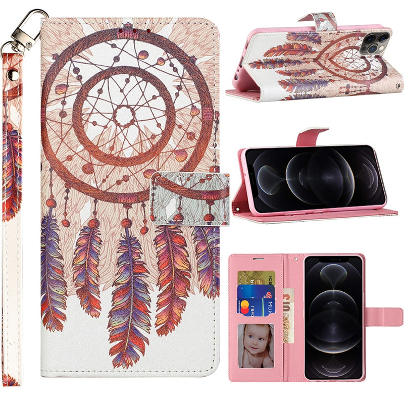 For iPhone 12 Pro Max 6.7 Design Wallet ID Money Card Holder Case Cover - Antique Feather