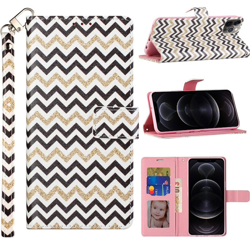 For Samsung Galaxy A72 5G Design Wallet ID Money Card Holder Case Cover - Black Gold ZigZag