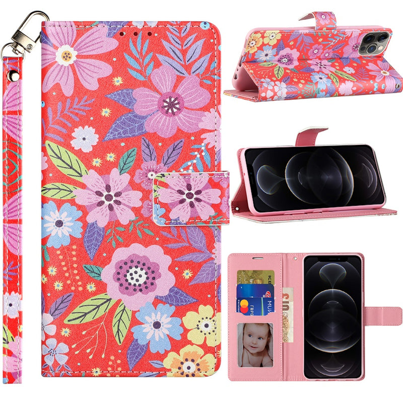 For iPhone 13 Pro KaseAult Design Wallet ID Money Card Holder Case Cover - Colorful Flower Arrangement