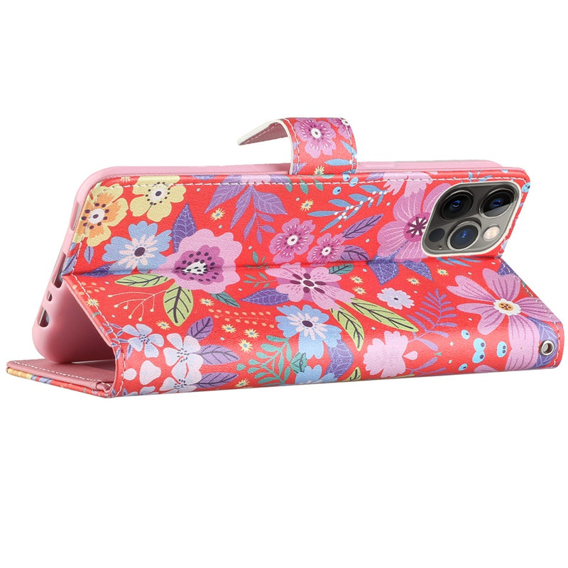For iPhone 13 Pro KaseAult Design Wallet ID Money Card Holder Case Cover - Colorful Flower Arrangement
