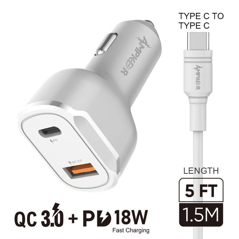QC 3.0 + PD 18W Combo (Tough Car Adapter Dual Port + Cable) HQ TPE 1.5M / 5FT Type C to Type C White