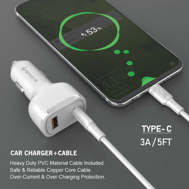 QC 3.0 + PD 18W Combo (Tough Car Adapter Dual Port + Cable) HQ TPE 1.5M / 5FT Type C to Type C White