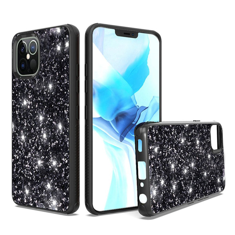 For iPhone 12/Pro (6.1 Only) Sparkle Glitter Bling Shinny Hybird Case Cover - Black
