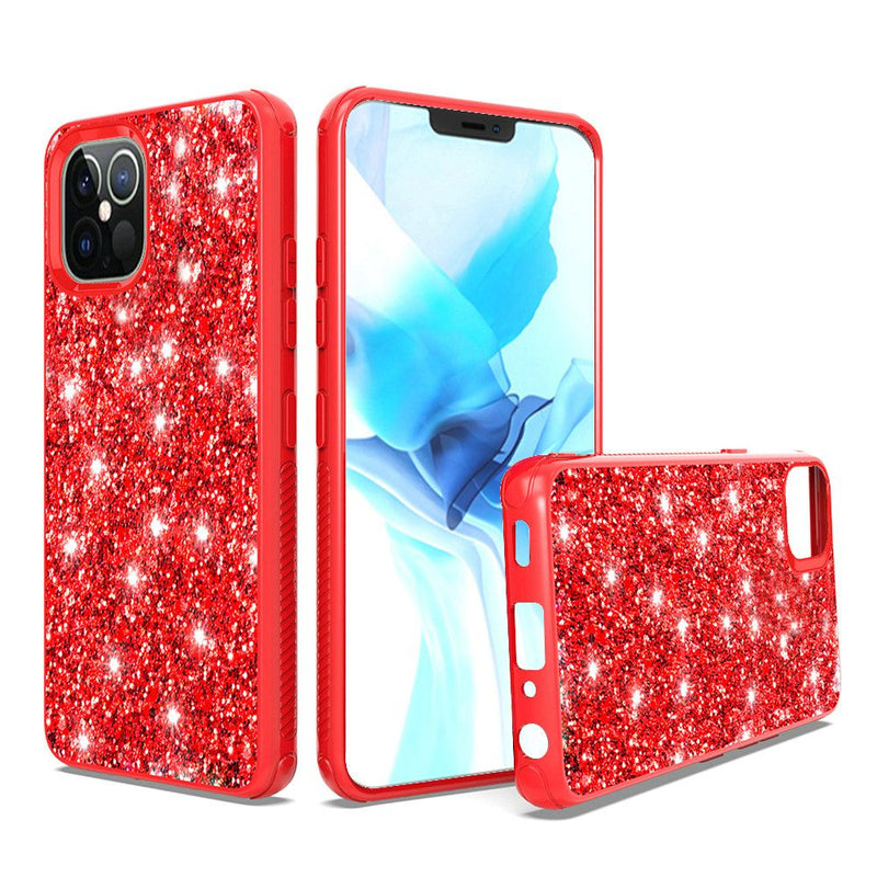 For iPhone 12 Pro Max 6.7 Sparkle Glitter Bling Shinny Hybird Case Cover - Red