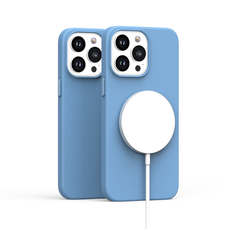For Apple iPhone 14 PRO MAX 6.7" MagSafe Compatible Original Invisible Circle Premium PU Leather Case With Colored Metal Buttons - Sky Blue
