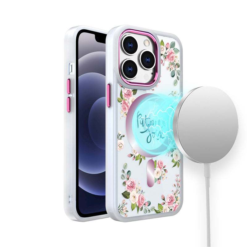 For Apple iPhone 14 PRO MAX 6.7" Quotation MagSafe Transparent Design Hybrid Case Cover - Floral C