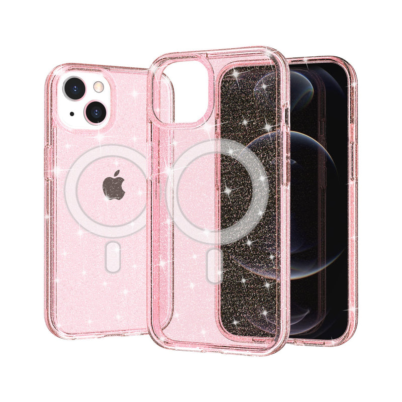 For Apple iPhone 14 PRO 6.1" MegSafe Compatible Glitter Ultra Thick 3mm Transparent Hybrid Case Cover - Pink