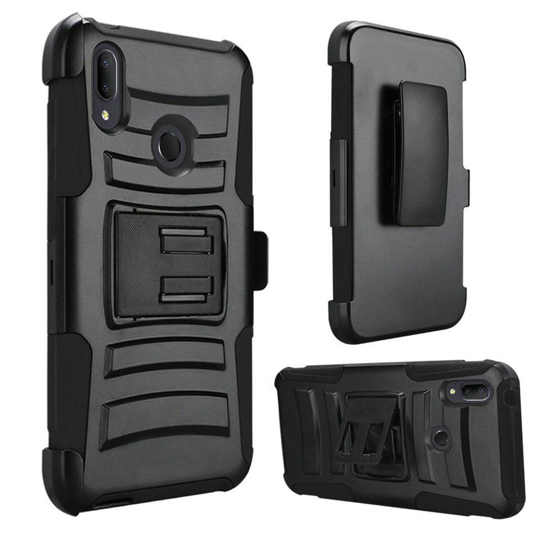 For Alcatel 3V (2019) Premium Holster Clip Kickstand Case Cover - Black+Black