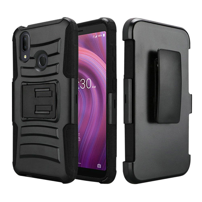 For Alcatel 3V (2019) Premium Holster Clip Kickstand Case Cover - Black+Black