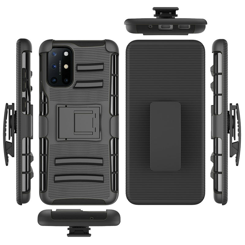 For OnePlus 8T 8T+ Plus 5G Rubberized Holster Clip Kickstand Case - Black/Black