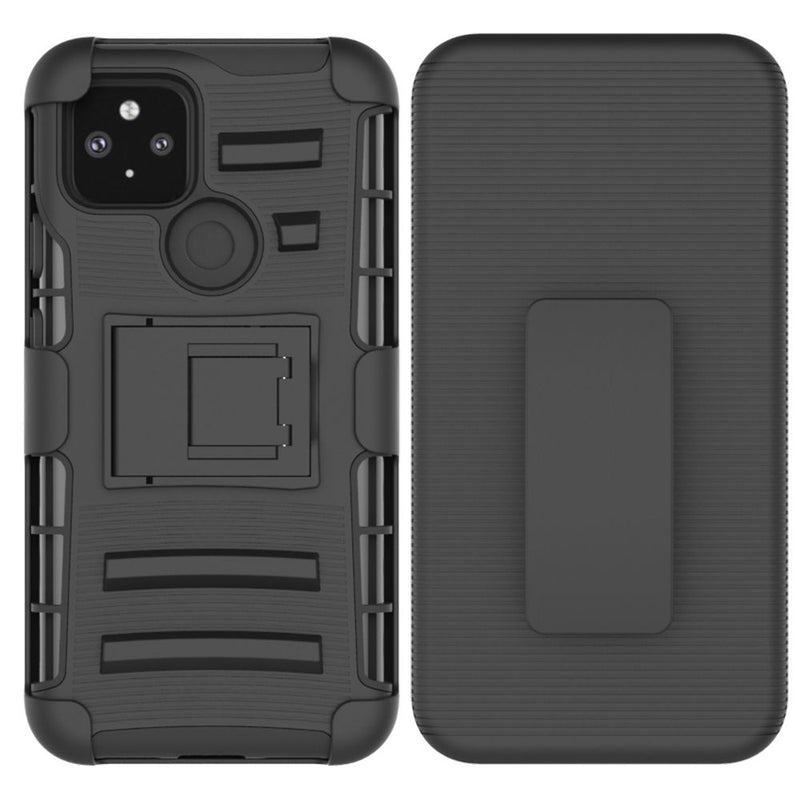 For Google Pixel 4a 5G (5G Version Only) Rubberized Holster Clip Kickstand Case - Black/Black