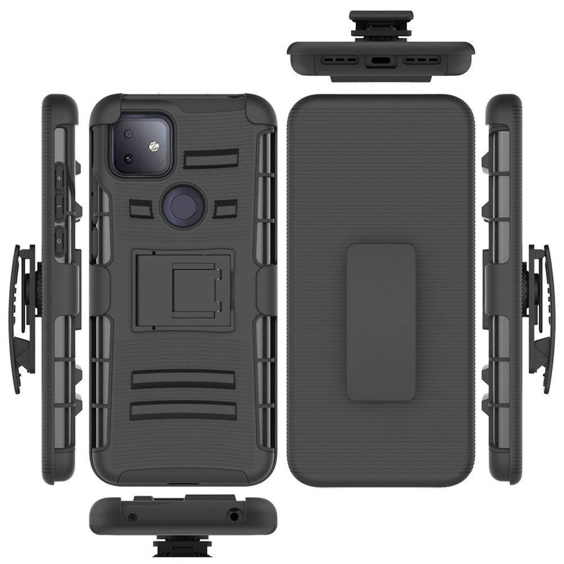 For Revvl 5G Rubberized Holster Clip Kickstand Case - Black/Black