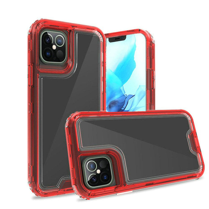 For iPhone 12/Pro (6.1 Only) Premium Transparent Clear Hybrid Case Cover - Clear/Red