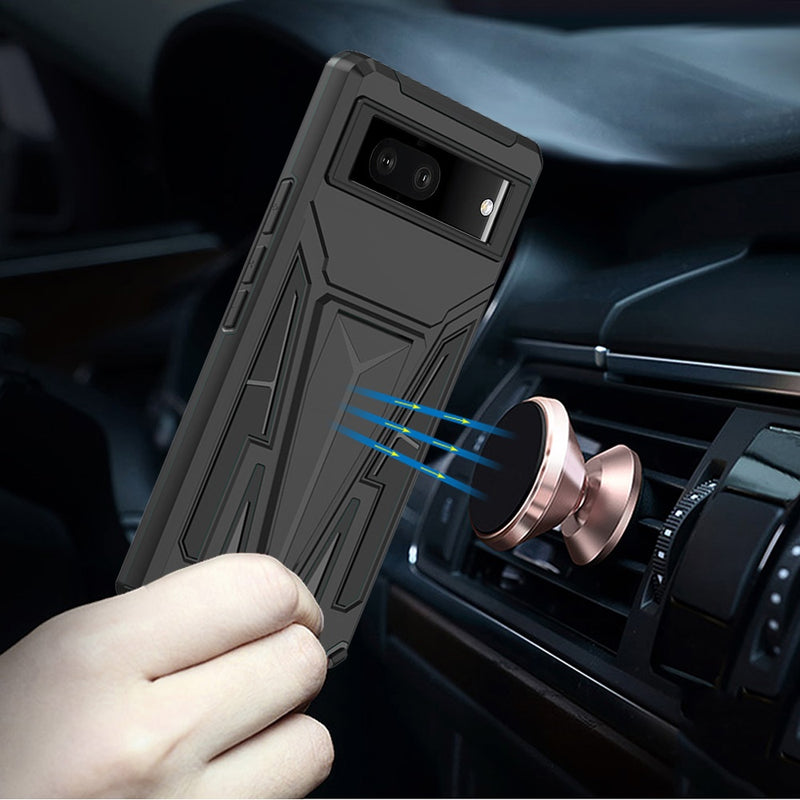 For Google Pixel 7 Alien Design Shockproof Kickstand Magnetic Hybrid Case Cover - Black