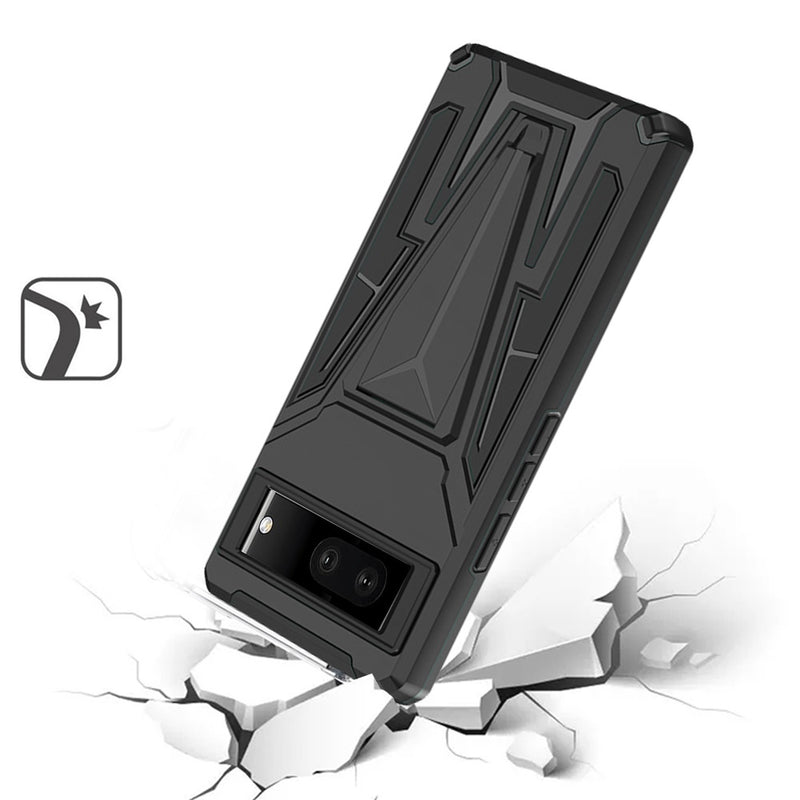 For Google Pixel 7 Alien Design Shockproof Kickstand Magnetic Hybrid Case Cover - Black