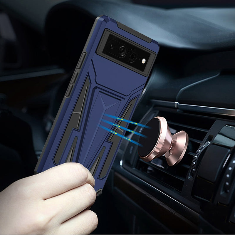 For Google Pixel 7 Pro Alien Design Shockproof Kickstand Magnetic Hybrid Case Cover - Blue