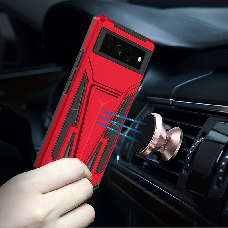 For Google Pixel 7 Pro Alien Design Shockproof Kickstand Magnetic Hybrid Case Cover - Red