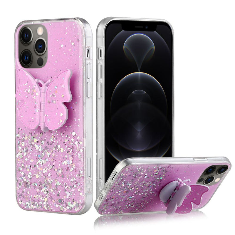 For Apple iPhone 12 6.1 inch Cute Butterfly Stand Glitter Epoxy Hybrid - Light Pink