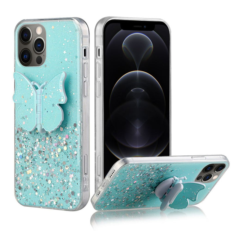 For Apple iPhone 12 6.1 inch Cute Butterfly Stand Glitter Epoxy Hybrid - Teal