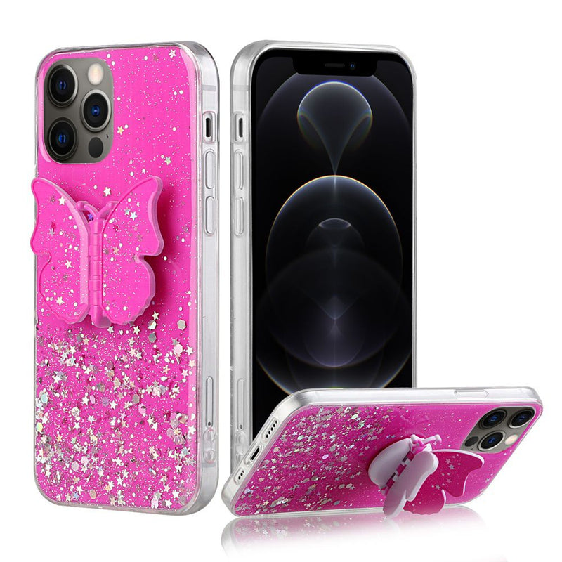 For Apple iPhone 12 6.7 inch Cute Butterfly Stand Glitter Epoxy Hybrid - Hot Pink