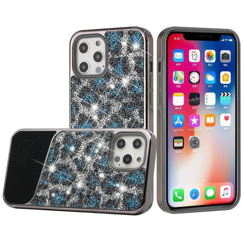 For Apple iPhone 14 PRO MAX 6.7" Bling Animal Design Glitter Hybrid Case Case - Blue Leopard